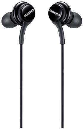 Écouteurs intra-auriculaires filaires noirs avec logo Samsung sur les embouts, placés verticalement côte à côte.