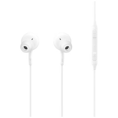 Écouteurs intra-auriculaires blancs avec un câble et une télécommande intégrée.