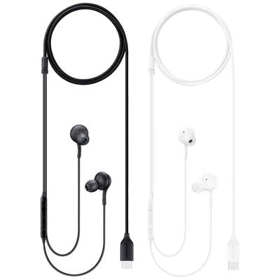 Deux paires d'écouteurs filaires à embouts, l'une noire et l'autre blanche, avec connexion USB-C, présentées côte à côte.