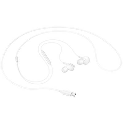Écouteurs intra-auriculaires blancs filaires avec connexion USB-C et microphone intégré sur la télécommande.