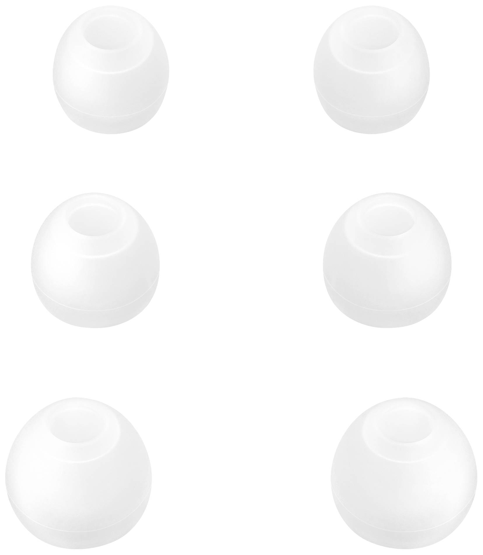 Six bouchons d'oreilles blancs en silicone, disposés en deux rangées de trois. Différentes tailles pour un ajustement personnalisé.