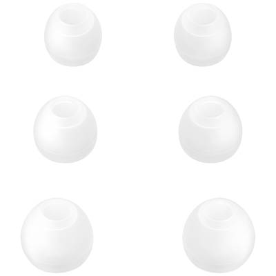 Six bouchons d'oreilles blancs en silicone, disposés en deux rangées de trois. Différentes tailles pour un ajustement personnalisé.
