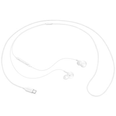 Écouteurs intra-auriculaires blancs filaires avec connexion USB-C et télécommande intégrée.