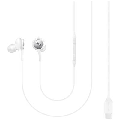 Écouteurs intra-auriculaires blancs avec logo AKG et télécommande intégrée sur le câble.