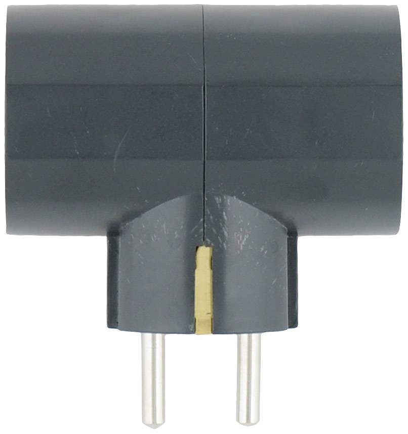 Adaptateur secteur à deux broches dans un boîtier noir, représenté de face. Utilisé pour connecter des appareils électriques aux prises de courant.