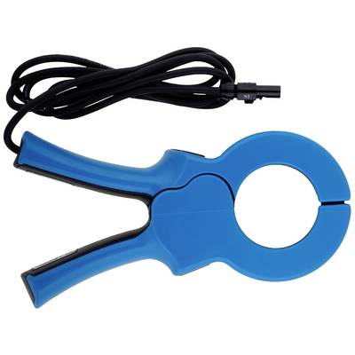 Un ampèremètre à pince de courant bleu avec un câble noir pour mesurer les courants électriques.