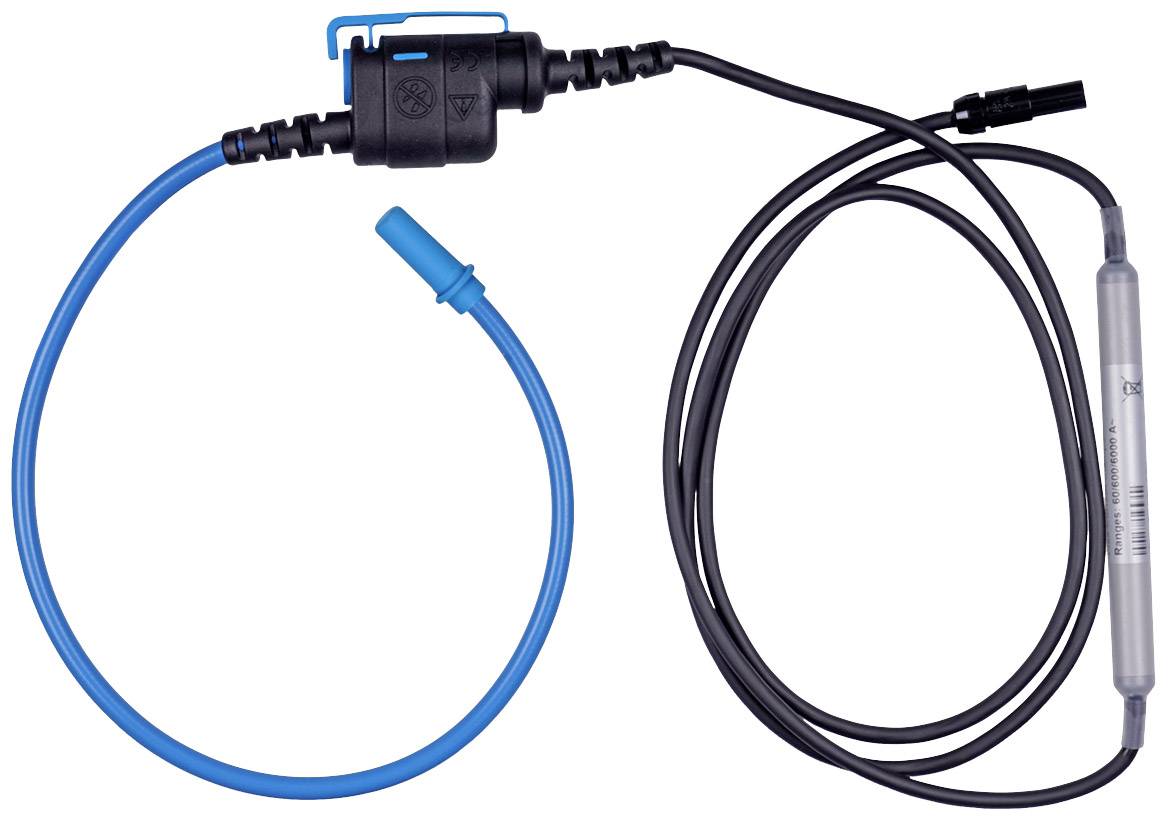 Un connecteur noir et bleu à côté d'un composant tubulaire transparent, reliés par des câbles.