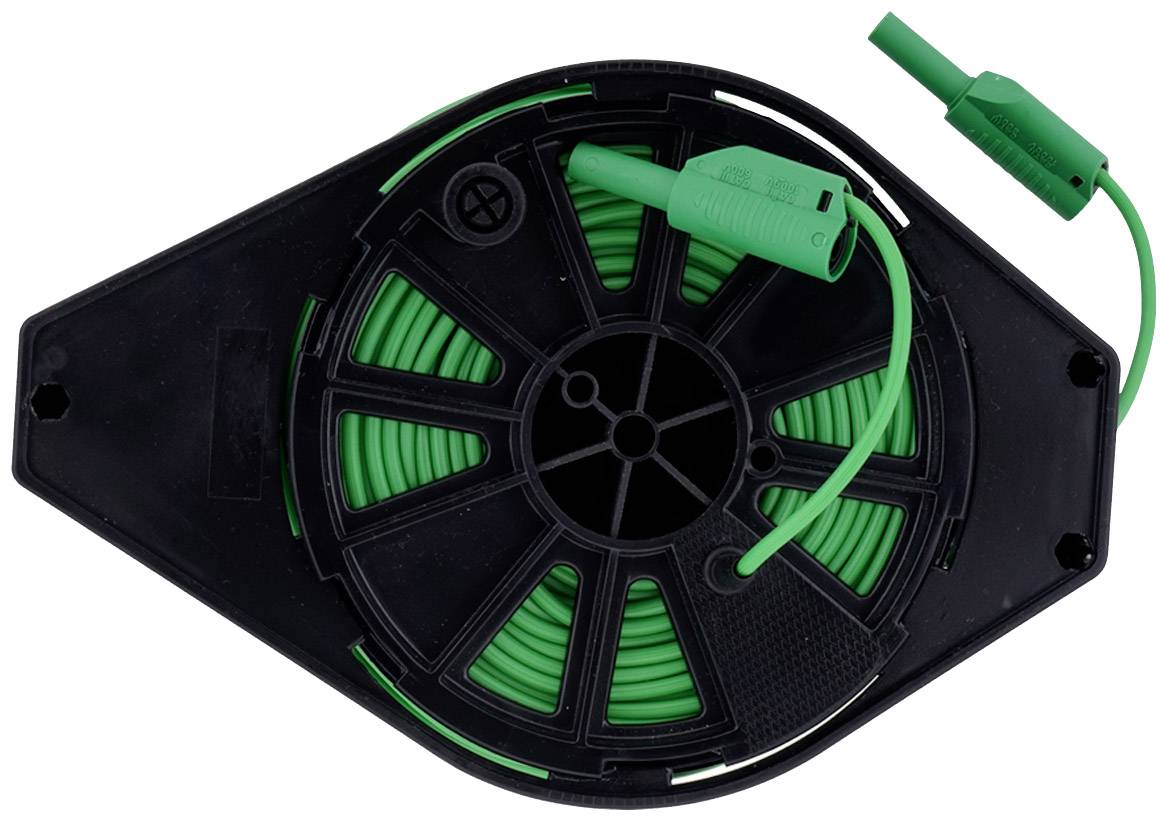 Un rouleau de câble vert avec deux connecteurs sur un boîtier en plastique noir, probablement adapté à des applications électriques.