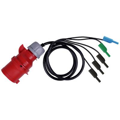 Fiche CEE rouge avec plusieurs câbles noirs se terminant par des fiches vertes et bleues. Utilisée pour les connexions électriques industrielles.