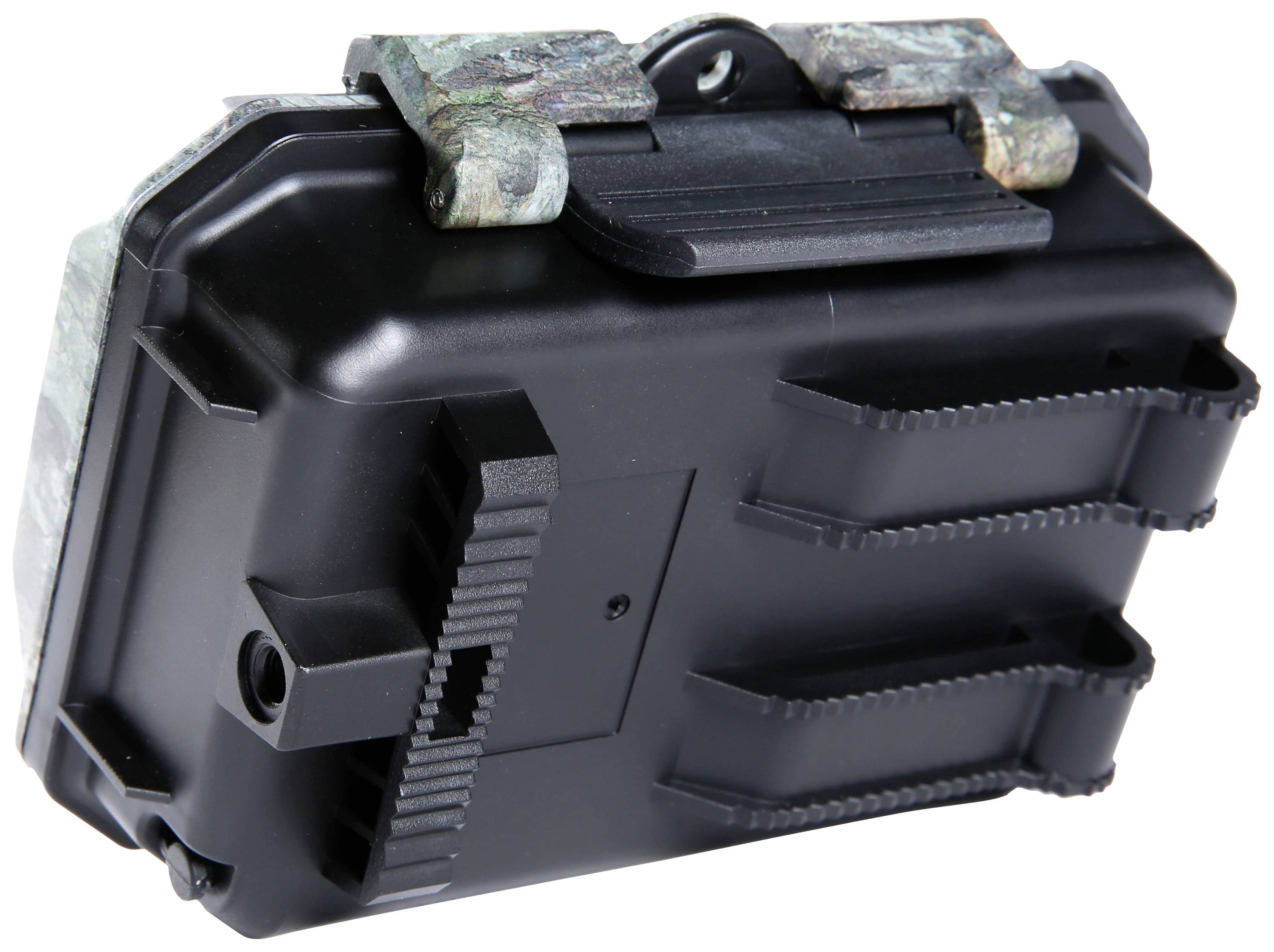 Un appareil photo noir compact avec un motif de camouflage, incluant des clips de fixation, adapté à la surveillance ou à l'observation de la nature.