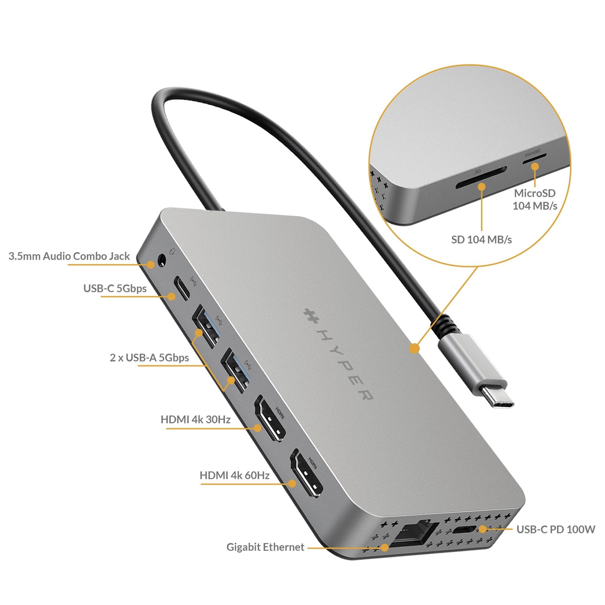 Hub USB-C à 7 ports : Audio 3,5 mm, 2 USB-A, 2 HDMI, Ethernet Gigabit, Micro SD et SD. Prend en charge 5 Gbps, 4k 30/60 Hz, 100 W PD.