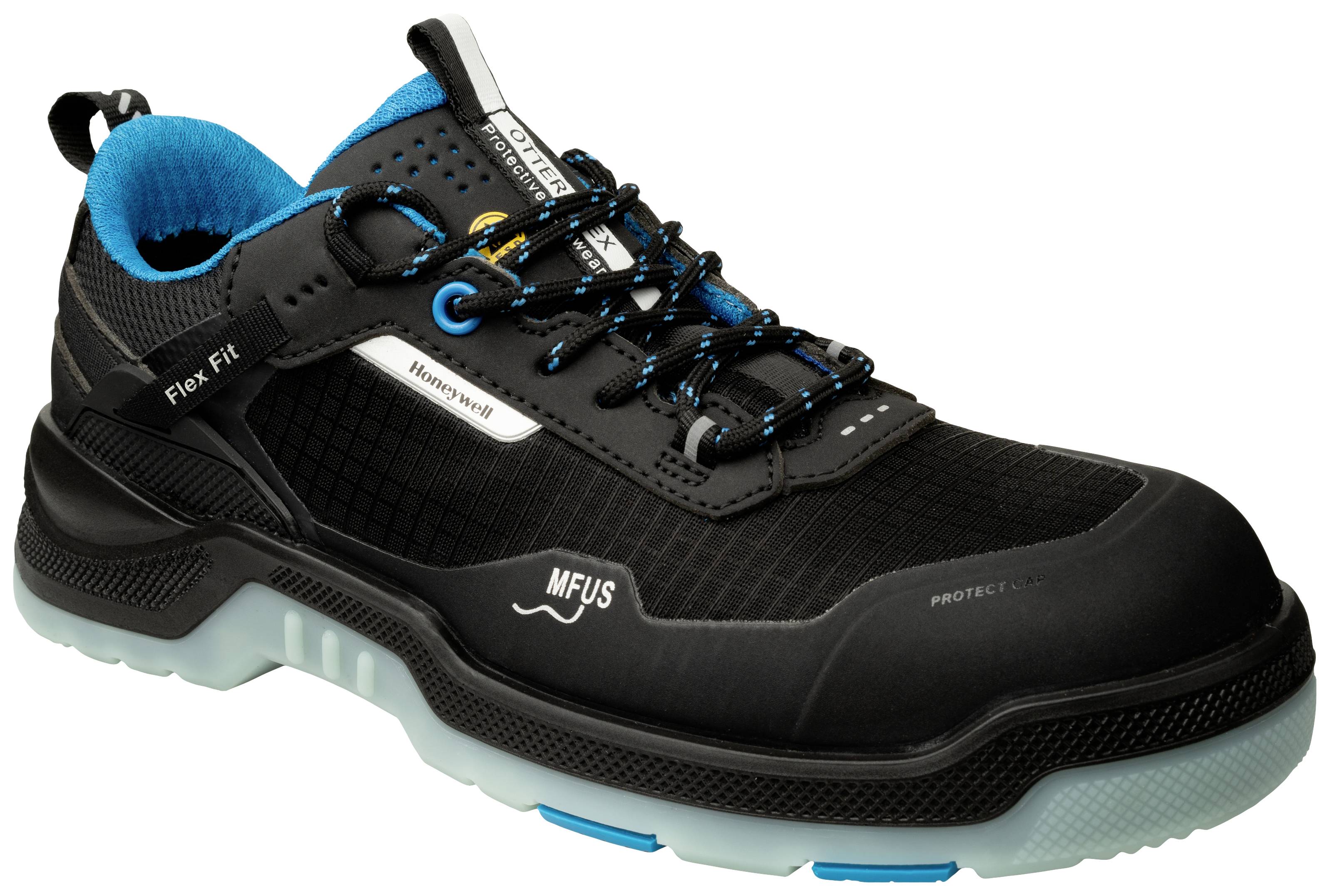 Chaussure de sécurité noire avec des touches bleues et semelle antidérapante. Le nom de marque 'Honeywell' est visible.