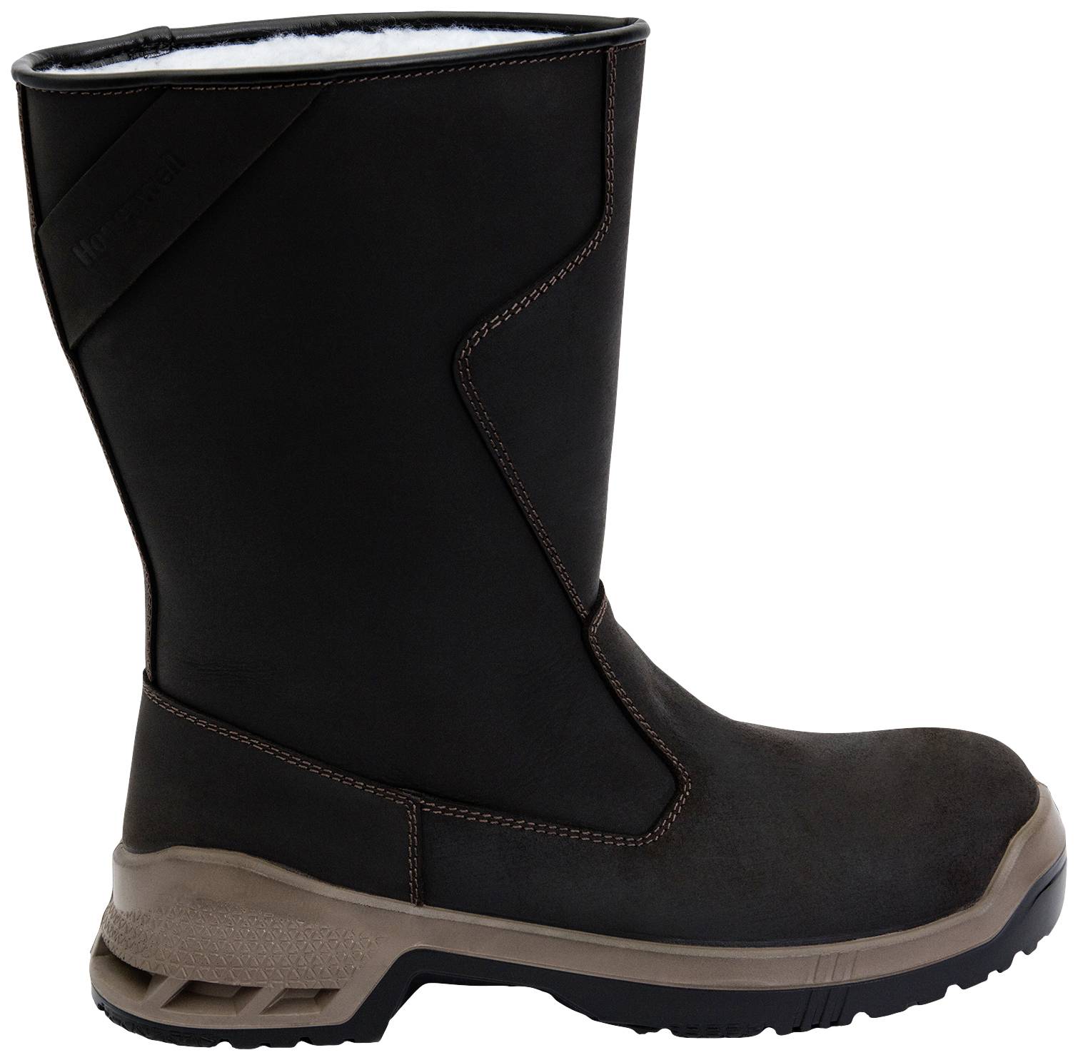 Bottes noires avec semelle marron et doublure thermique, adaptées aux températures froides. La vue latérale montre les coutures et le design résistant.