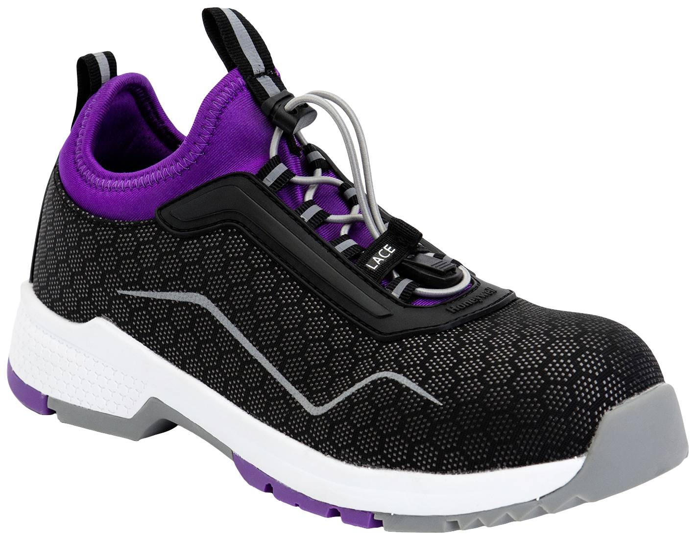 Chaussure de sécurité noire avec détails violets, semelle blanche et embout de protection, adaptée aux environnements de travail.