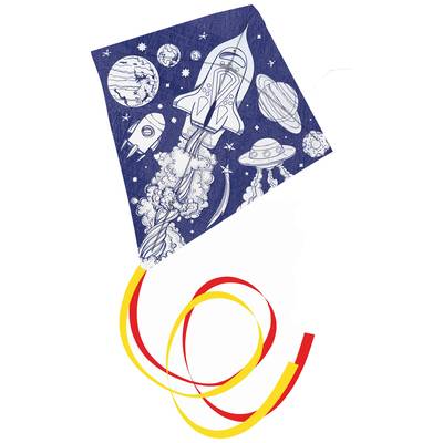 Un dragon bleu sur le thème de l'espace : des fusées, des planètes et des OVNI. Des rubans rouges et jaunes pendent du dragon.