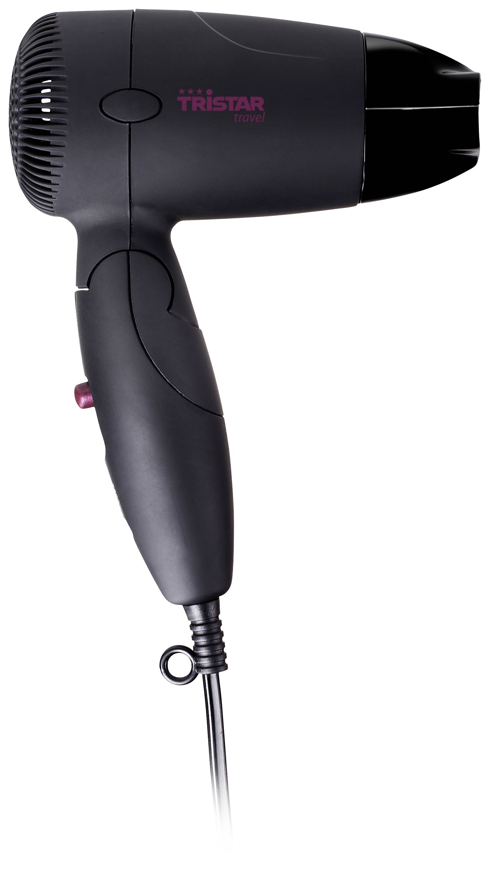 Un sèche-cheveux noir avec câble, vue de côté. Il porte la marque 'Tristar'.