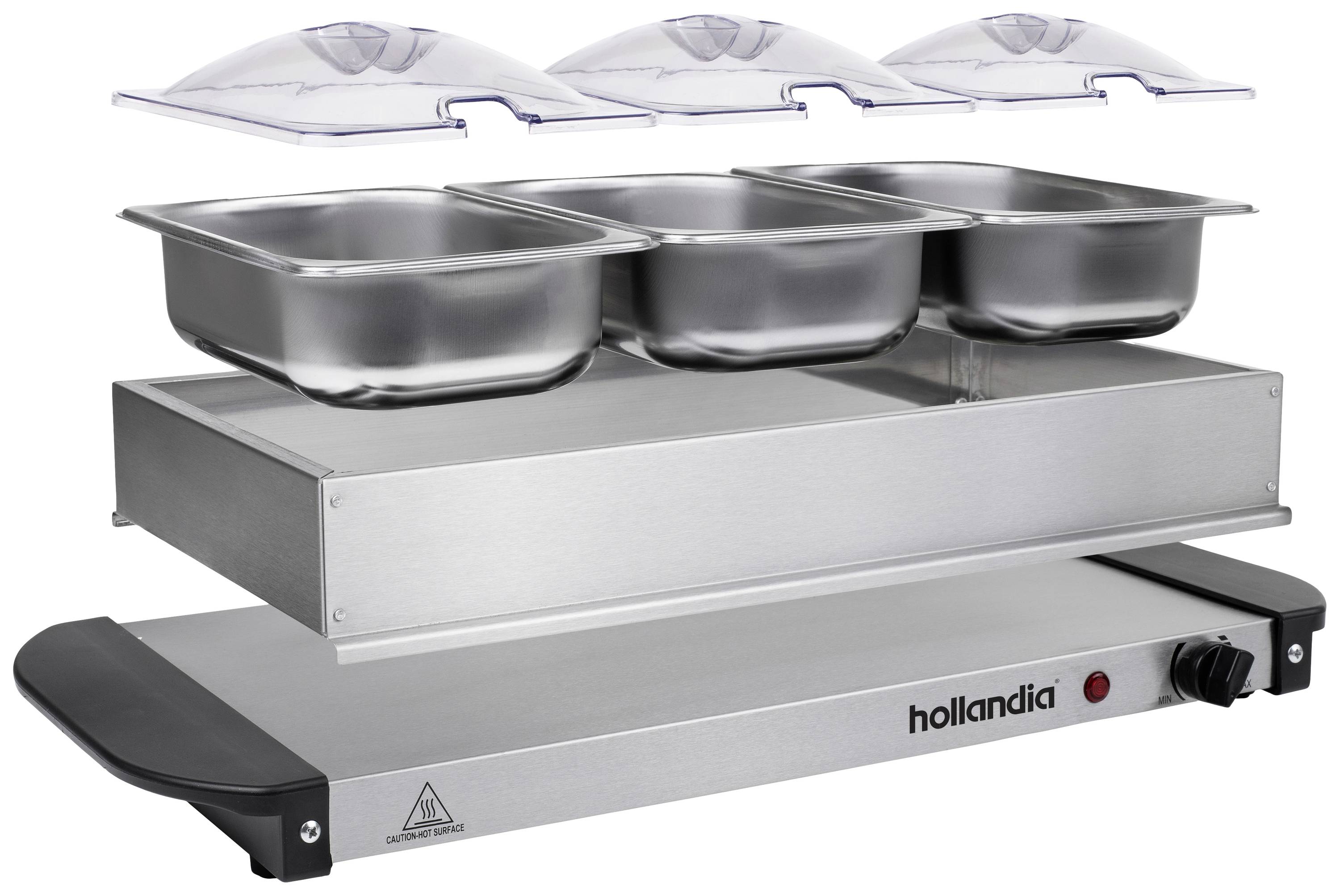 Un système thermique argenté avec trois récipients en acier inoxydable et leurs couvercles, portant le logo 'Hollandia' sur un interrupteur noir.