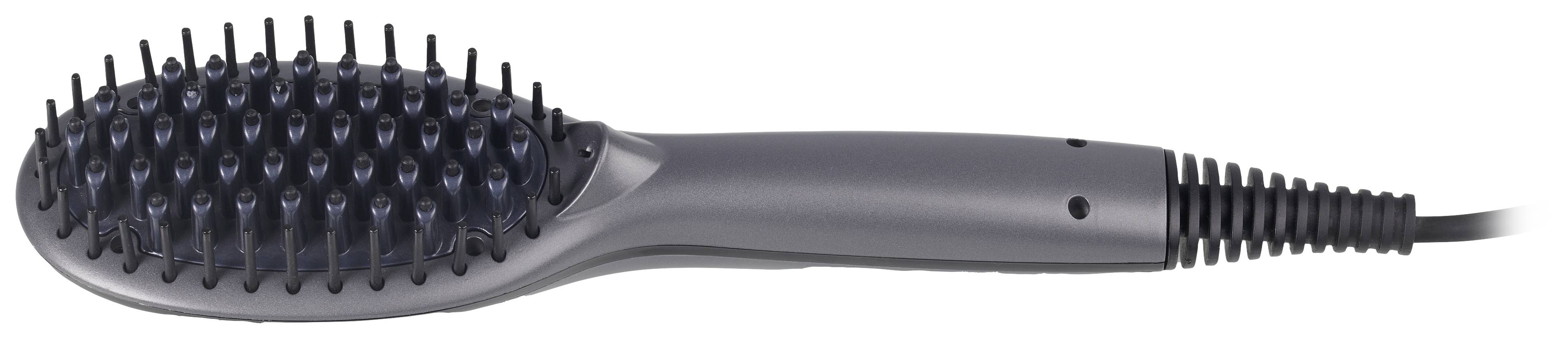 Brosse lissante chauffante en noir avec des poils pour le coiffage des cheveux ; vue latérale.