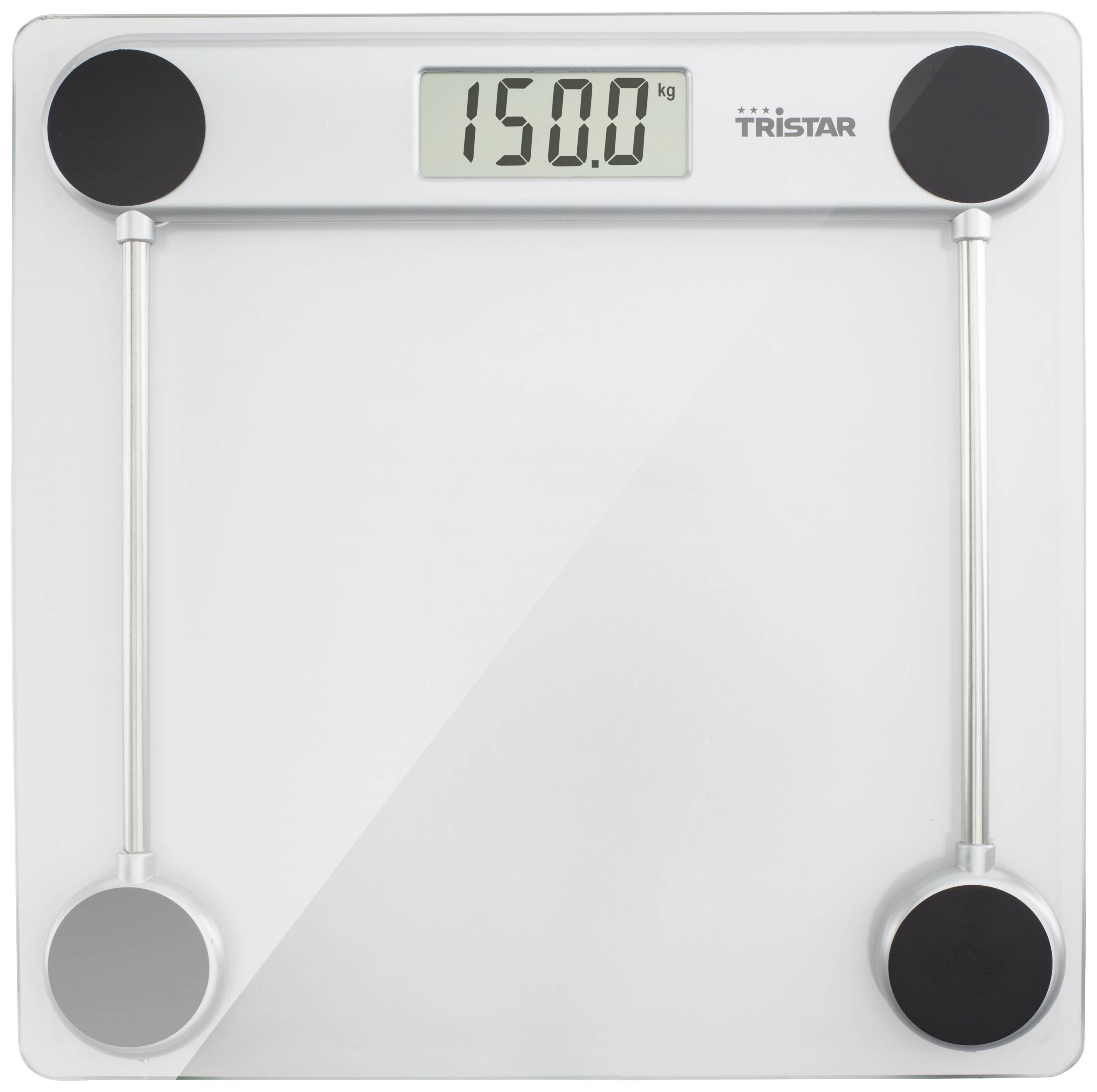 Balance électronique en verre affichant un poids de 150,0 kg sur un écran numérique.