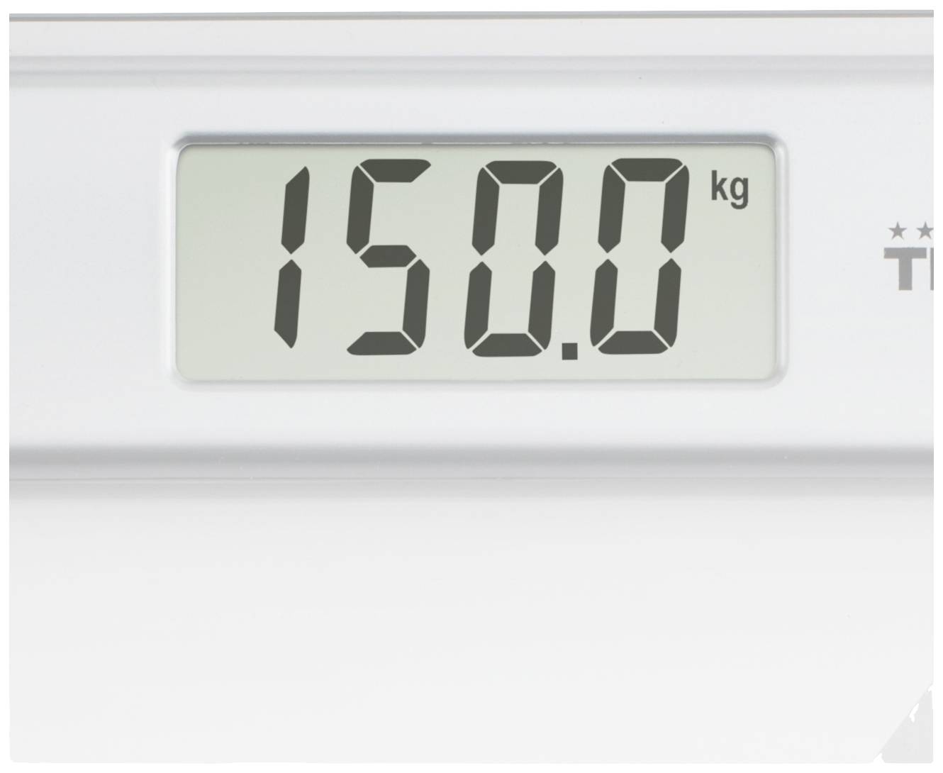 Une balance numérique affiche un poids de 150,0 kg.