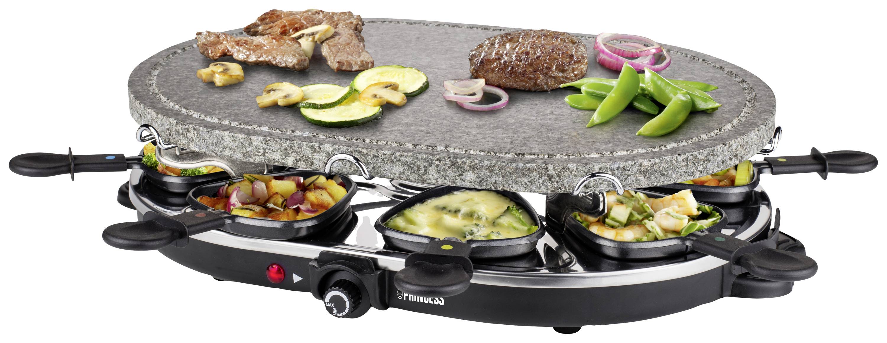 Un grill de table avec une plaque en pierre naturelle, garni de viande, de courgettes et de petits pois. En dessous, des petites poêles avec différents ingrédients à griller.