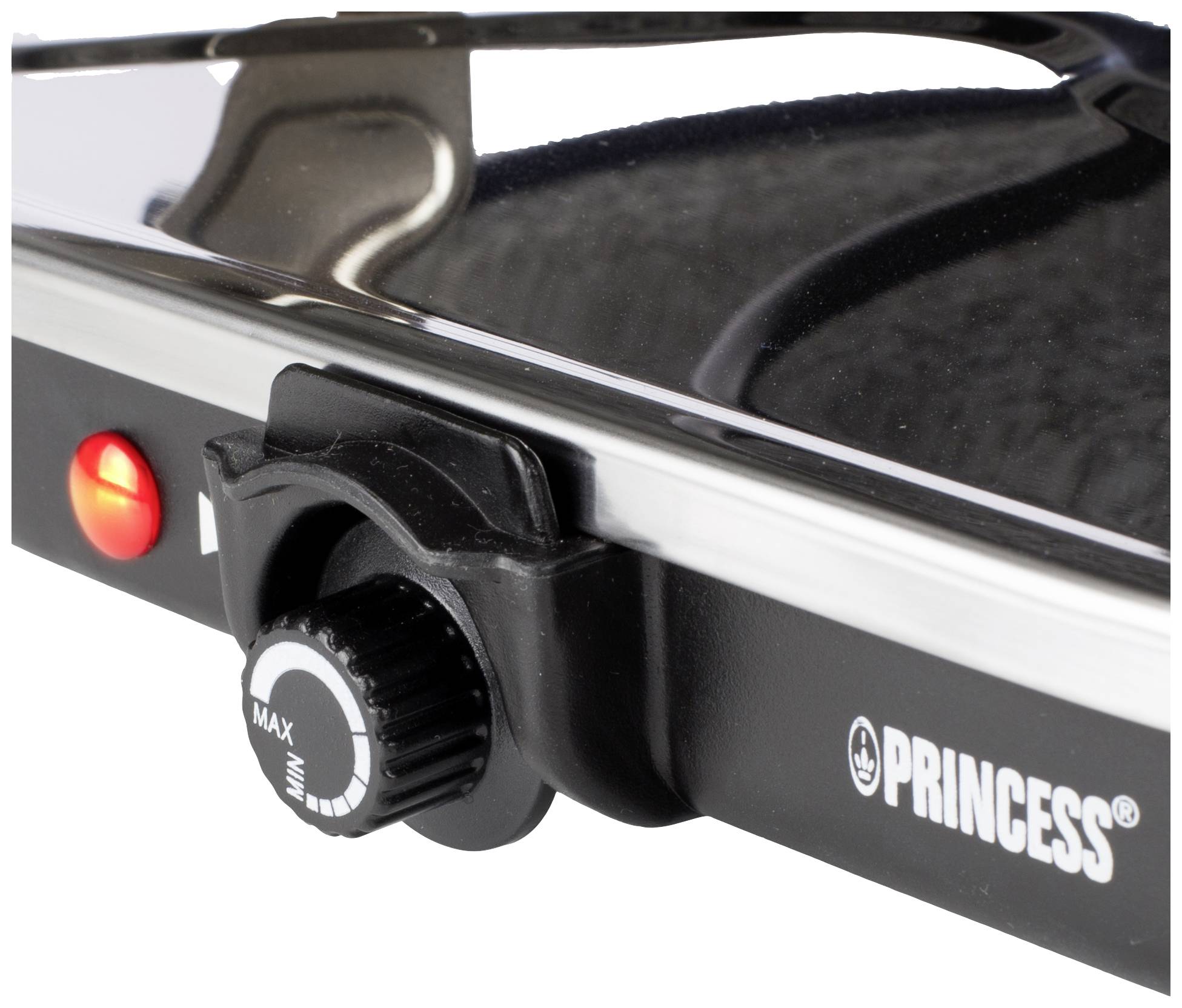 Plaque de cuisson avec bouton rotatif réglable, marque 'Princess', voyant rouge indiquant le fonctionnement.