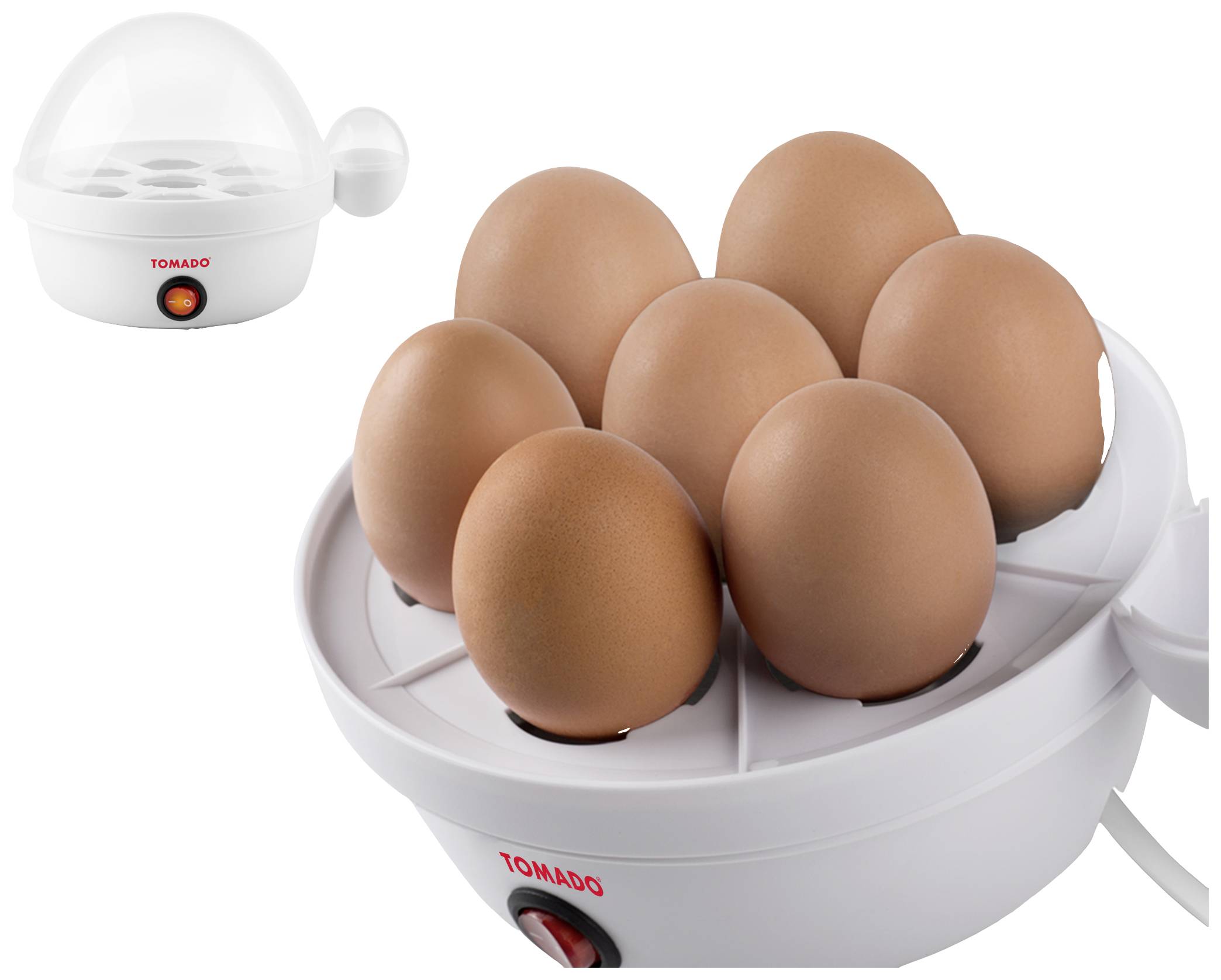 Cuiseur à œufs électrique avec six œufs bruns sur la surface de cuisson, couvercle posé à côté. Appareil de la marque TOMADO.