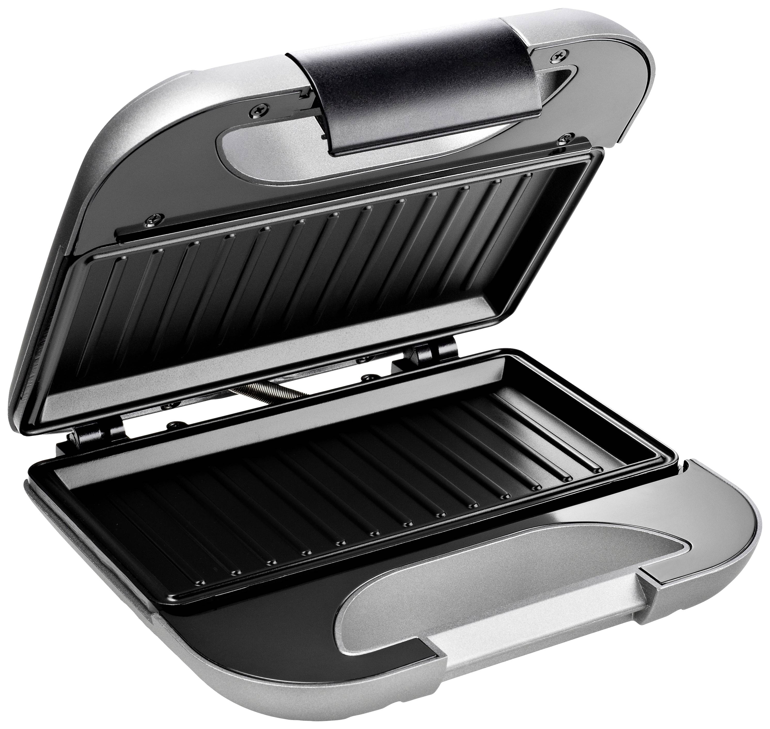 Un sandwich-maker argenté avec le couvercle ouvert révèle les plaques chauffantes striées à l'intérieur. Idéal pour toaster des sandwichs.