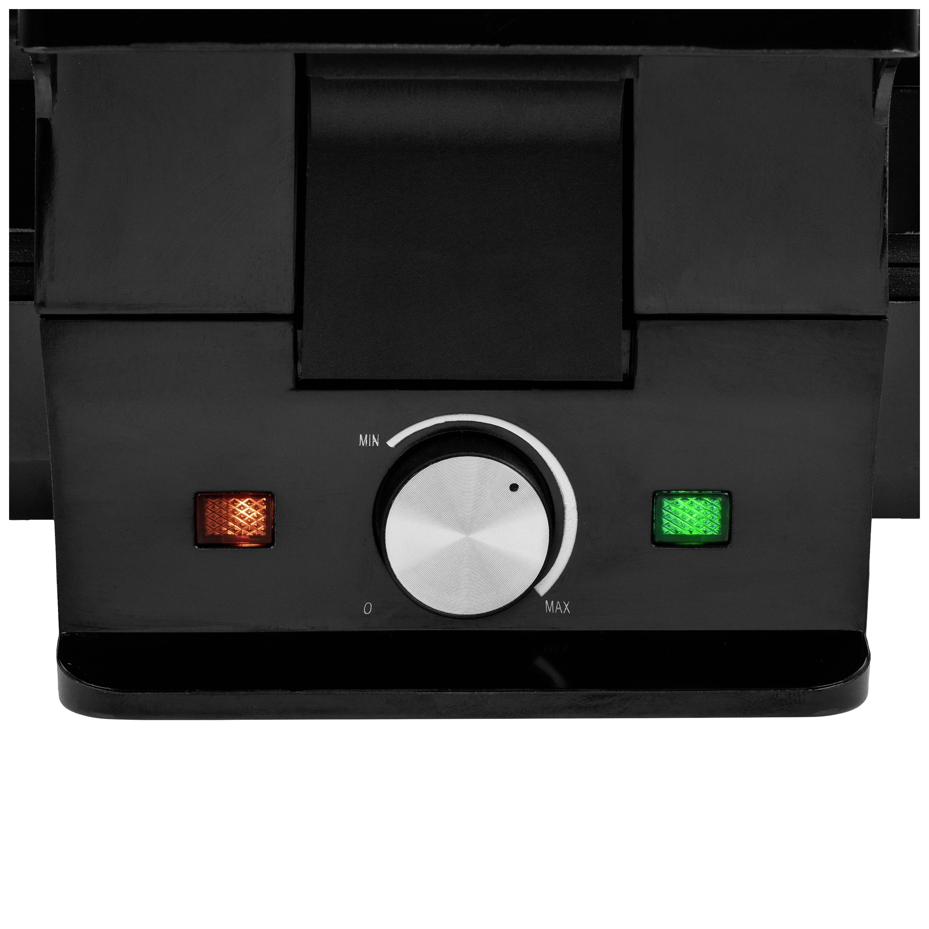 Un appareil électrique doté d'un bouton rotatif pour régler la température de 'Min' à 'Max' et deux voyants lumineux, l'un rouge et l'autre vert.