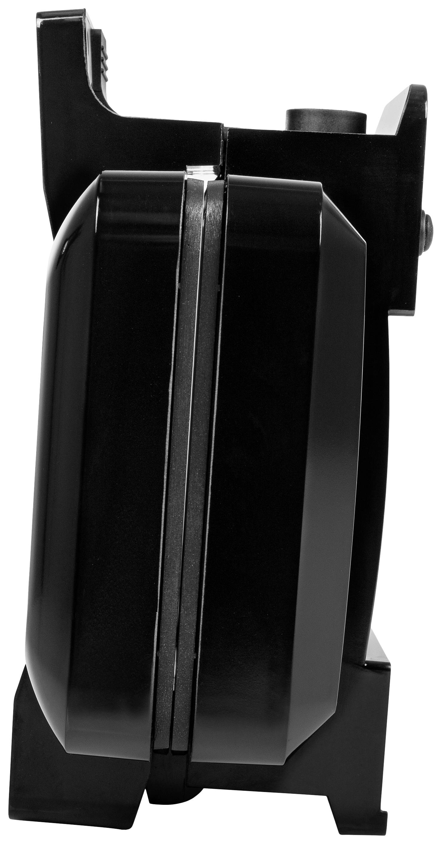 Un sandwich-maker noir vu de profil. Les deux plaques de cuisson sont visibles, se refermant pour chauffer l'appareil.