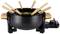 Ensemble à fondue avec six fourchettes à viande en bois dans un pot noir ; régulateur de température sur le côté. Idéal pour fondue au fromage ou fondue au chocolat.