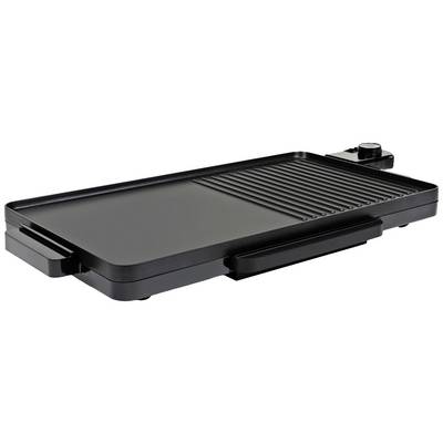 Plaque de grill électrique avec surface lisse et cannelée, deux poignées et régulateur de température en haut à droite. Idéale pour griller.