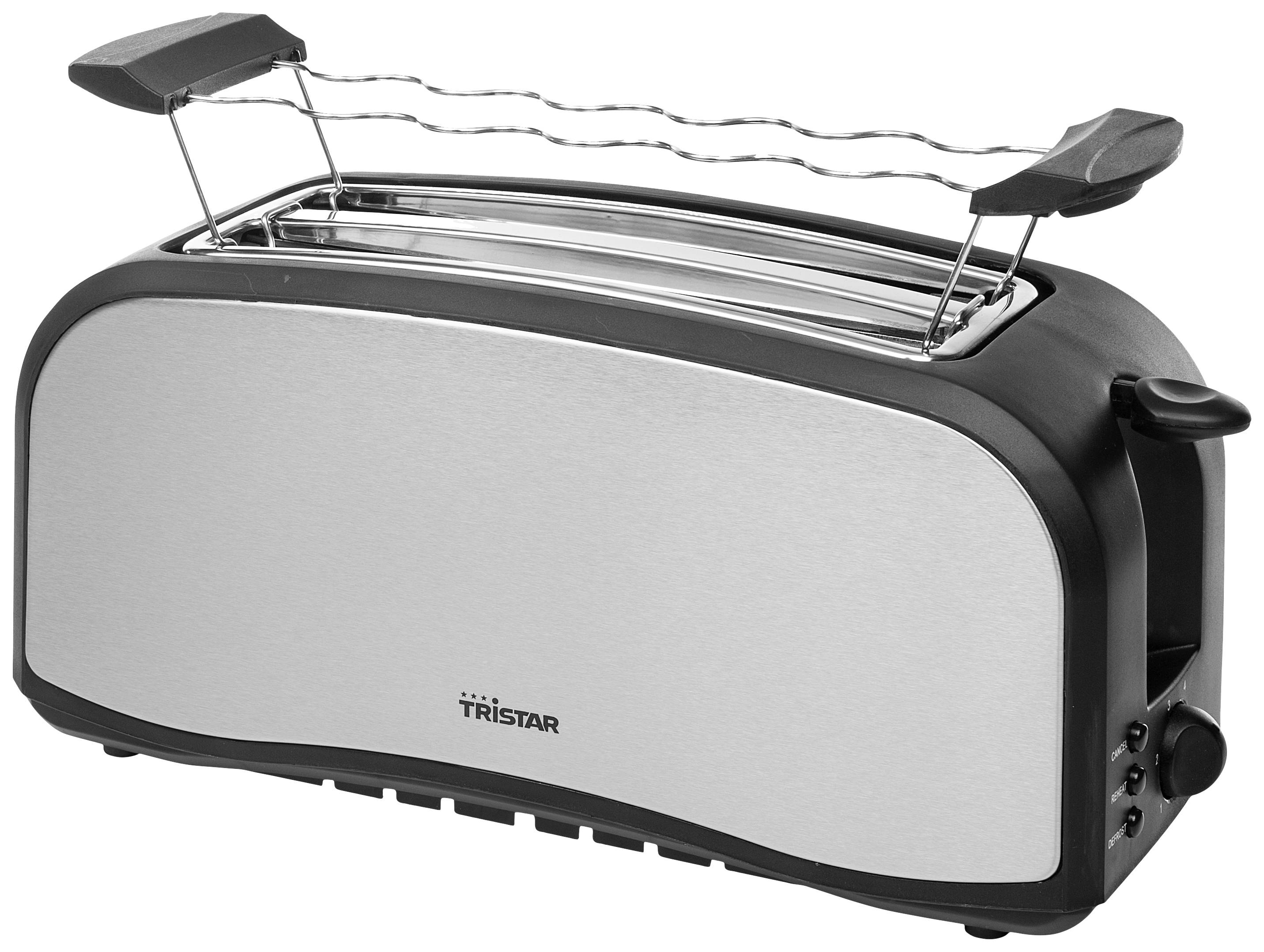 Un grille-pain argenté long avec un bord noir et deux emplacements pour toasts, le nom de marque 'Tristar' visible au centre en bas.