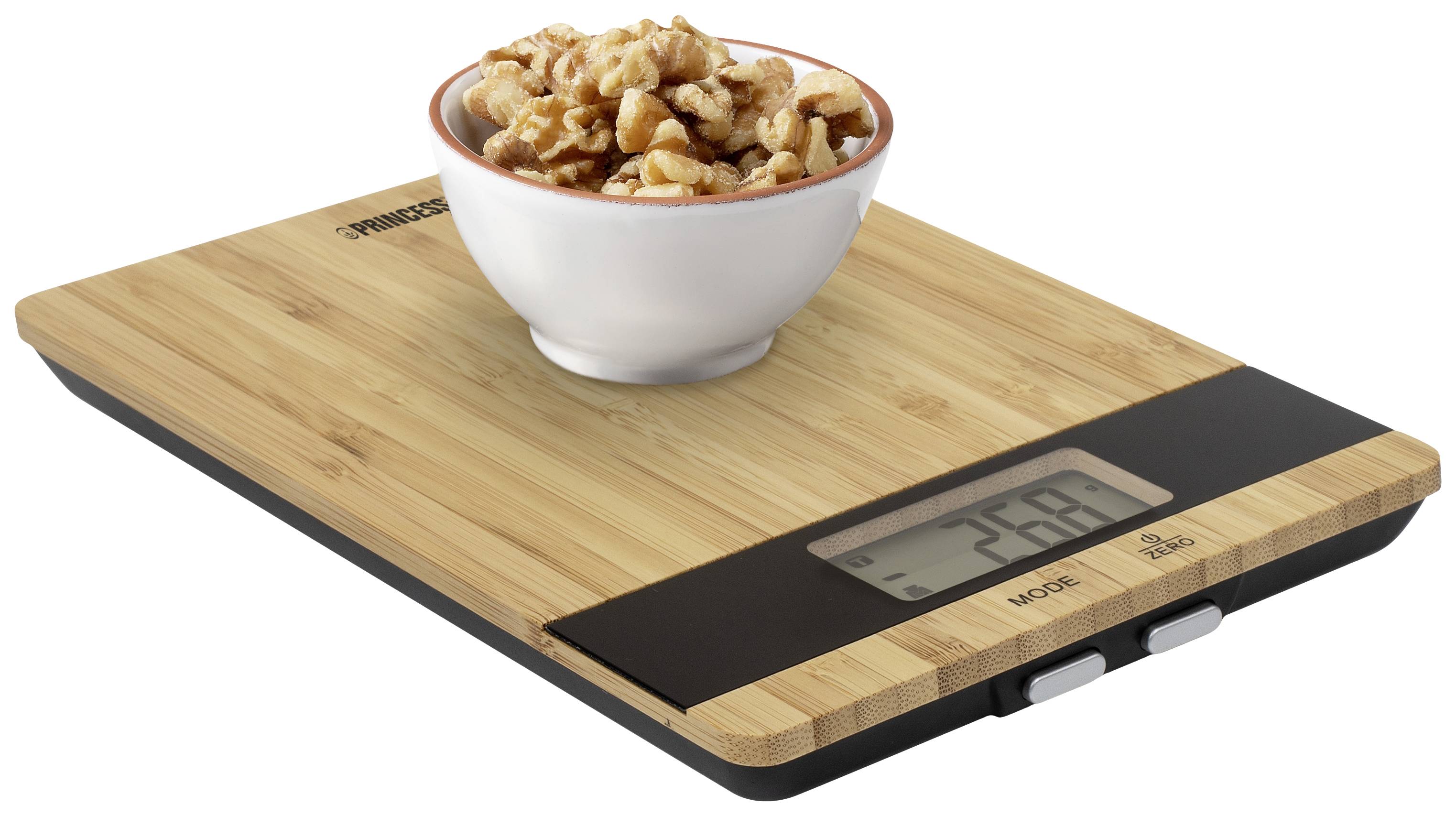 Balance de cuisine numérique avec surface en bois affichant '268 g'. Un bol de noix y est posé.