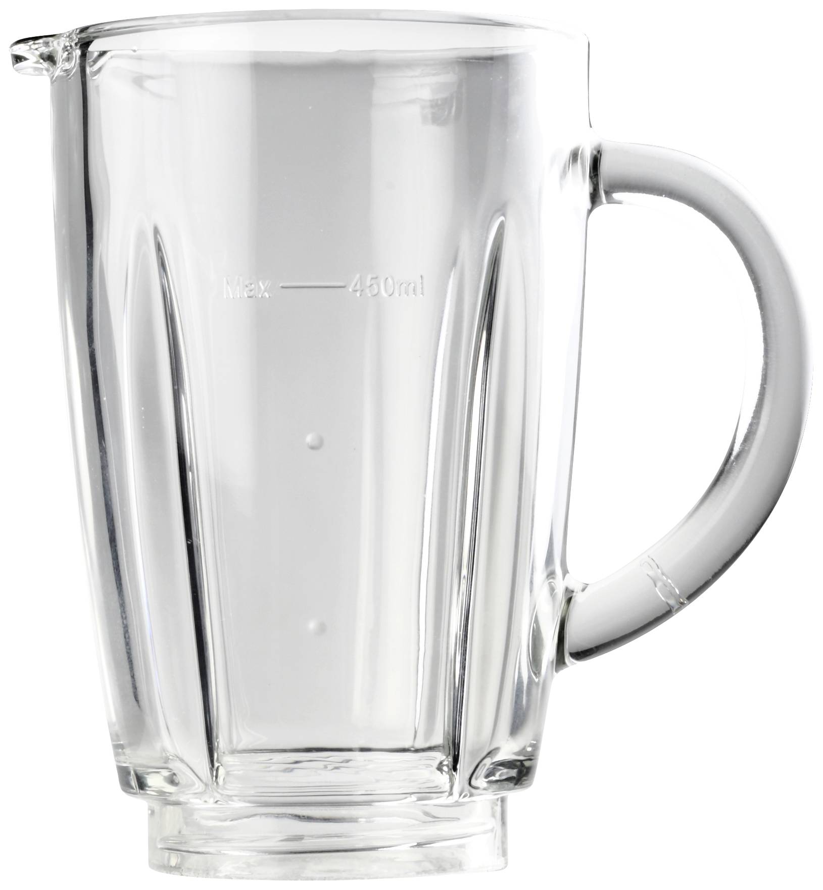 Une cruche en verre vide, transparente, avec une anse sur un fond blanc. Le marquage indique une capacité maximale de 450 ml.