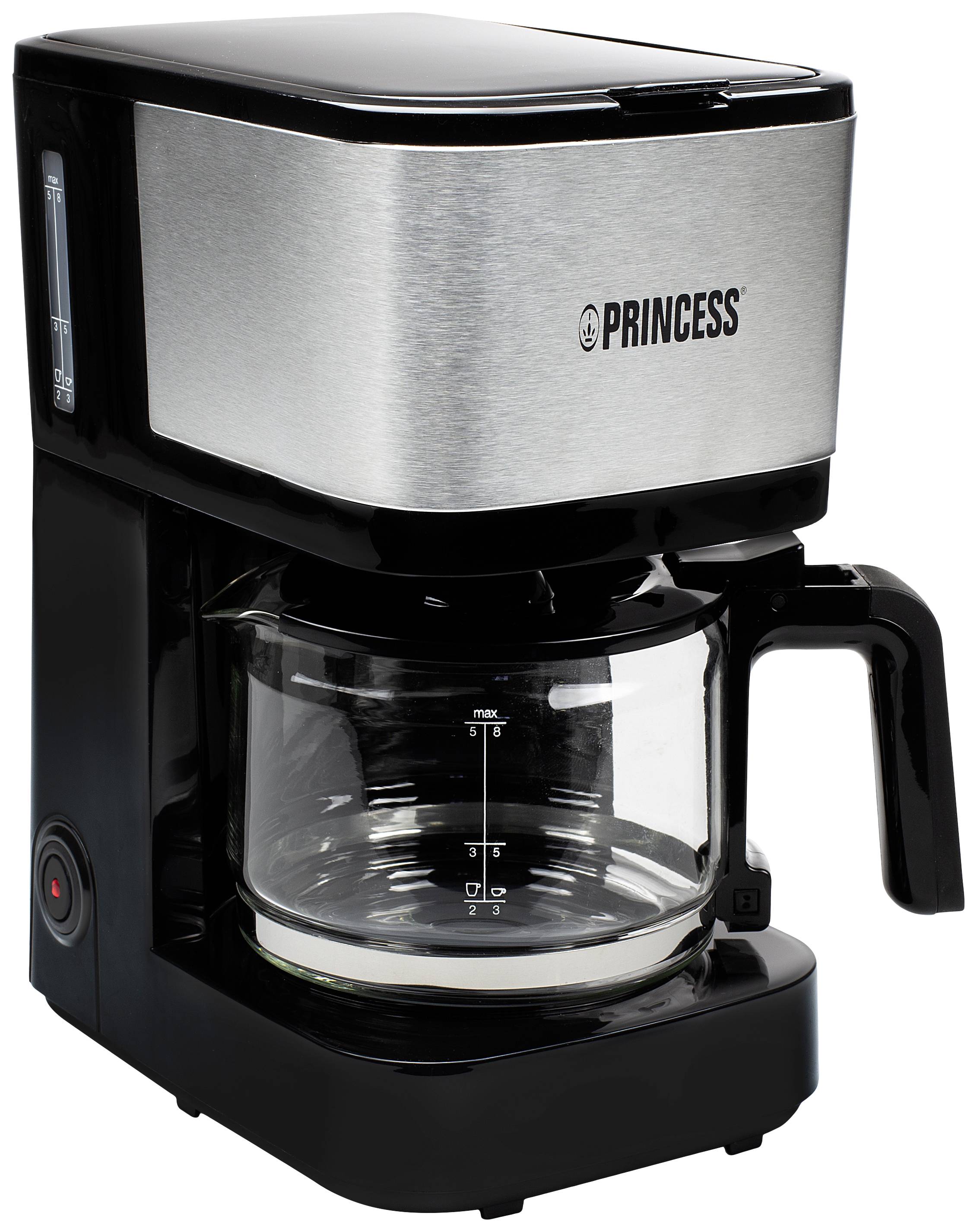 Machine à café noire et argentée. Carafe en verre avec échelle de mesure ; marque 'PRINCESS' sur le boîtier en acier inoxydable.