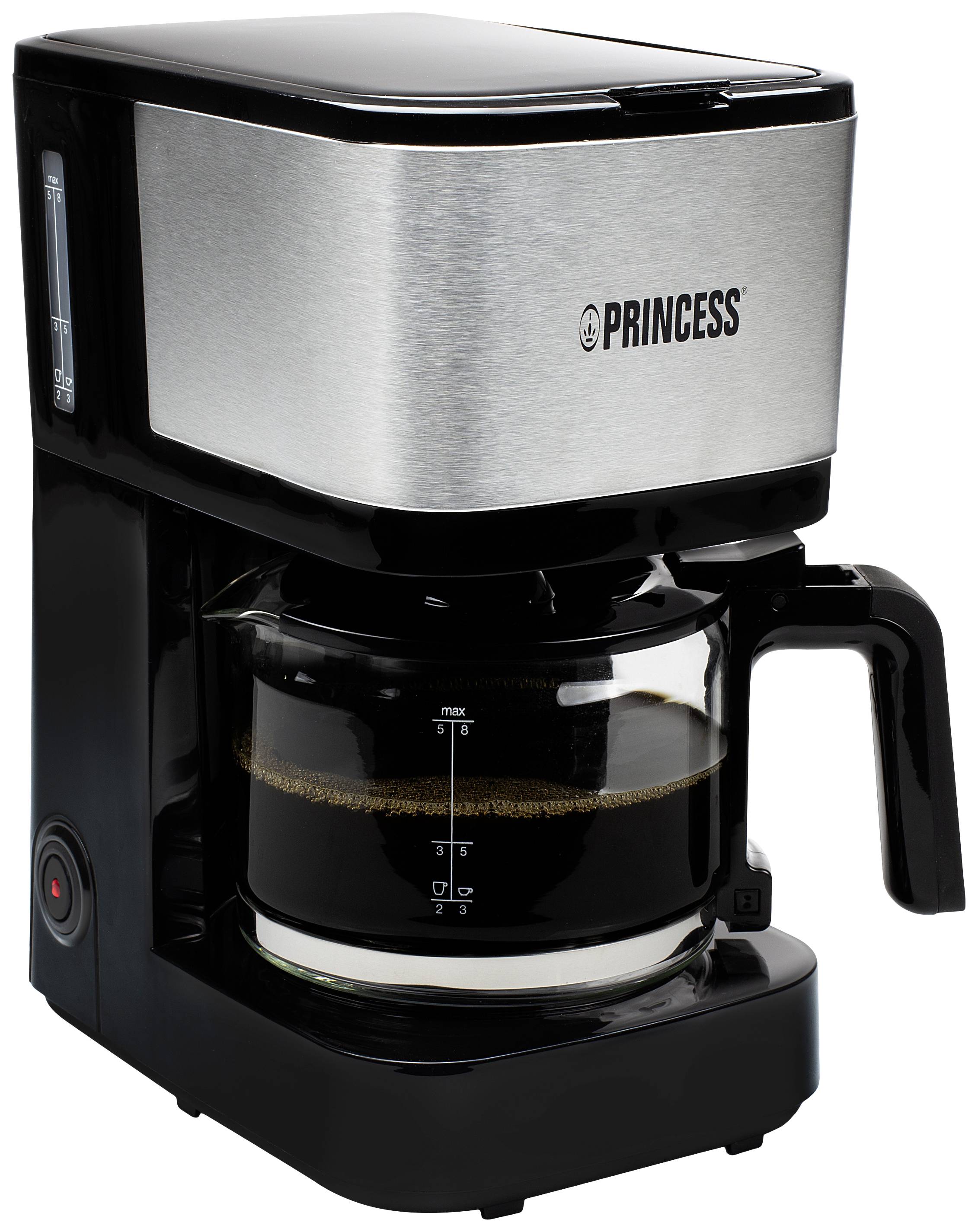 Machine à café en noir et argent avec carafe en verre, à moitié remplie de café. Un indicateur de niveau d'eau est visible sur la gauche.
