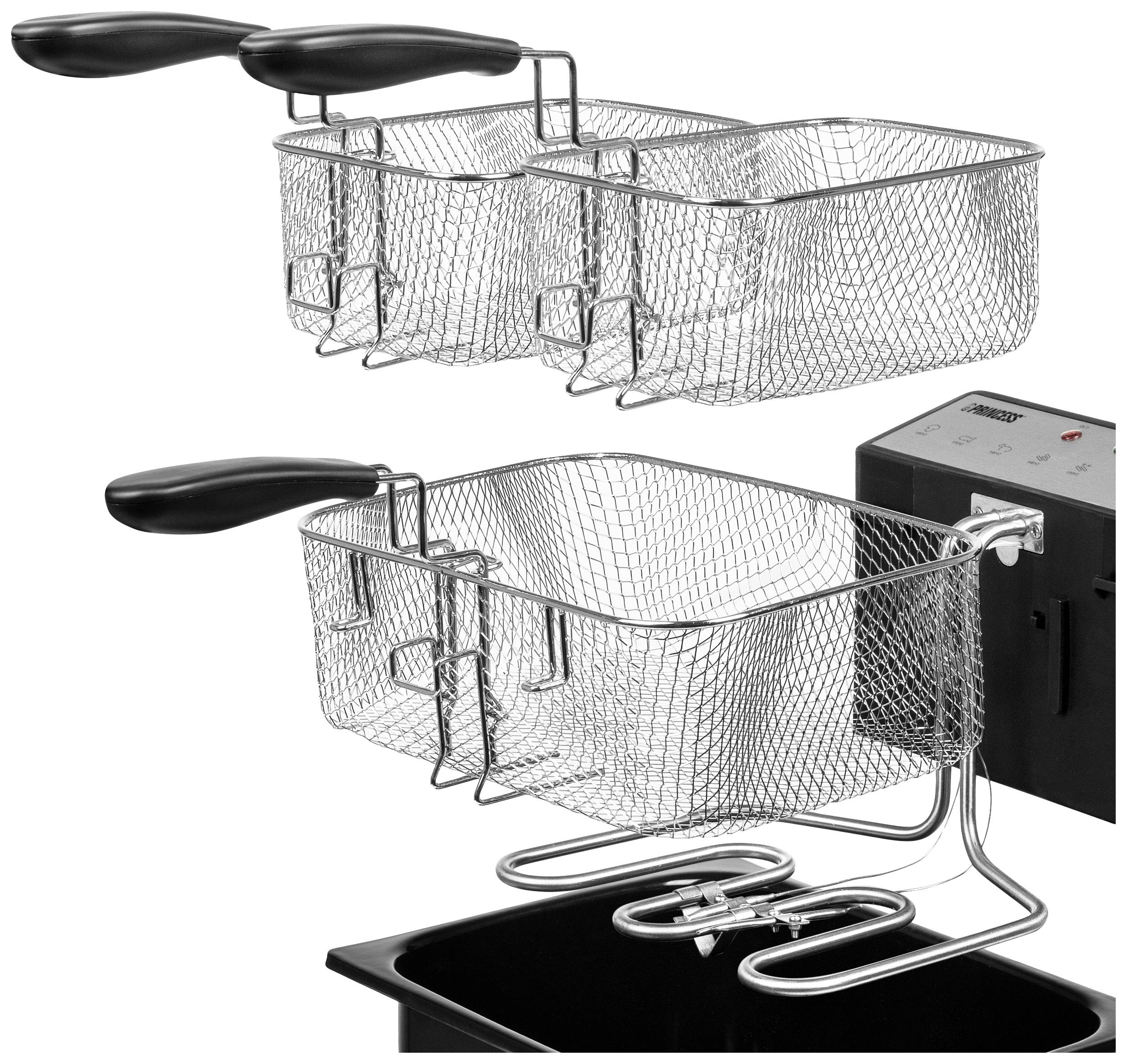 Friteuse avec deux paniers amovibles en grillage métallique et poignées noires. Paniers positionnés au-dessus des éléments chauffants.