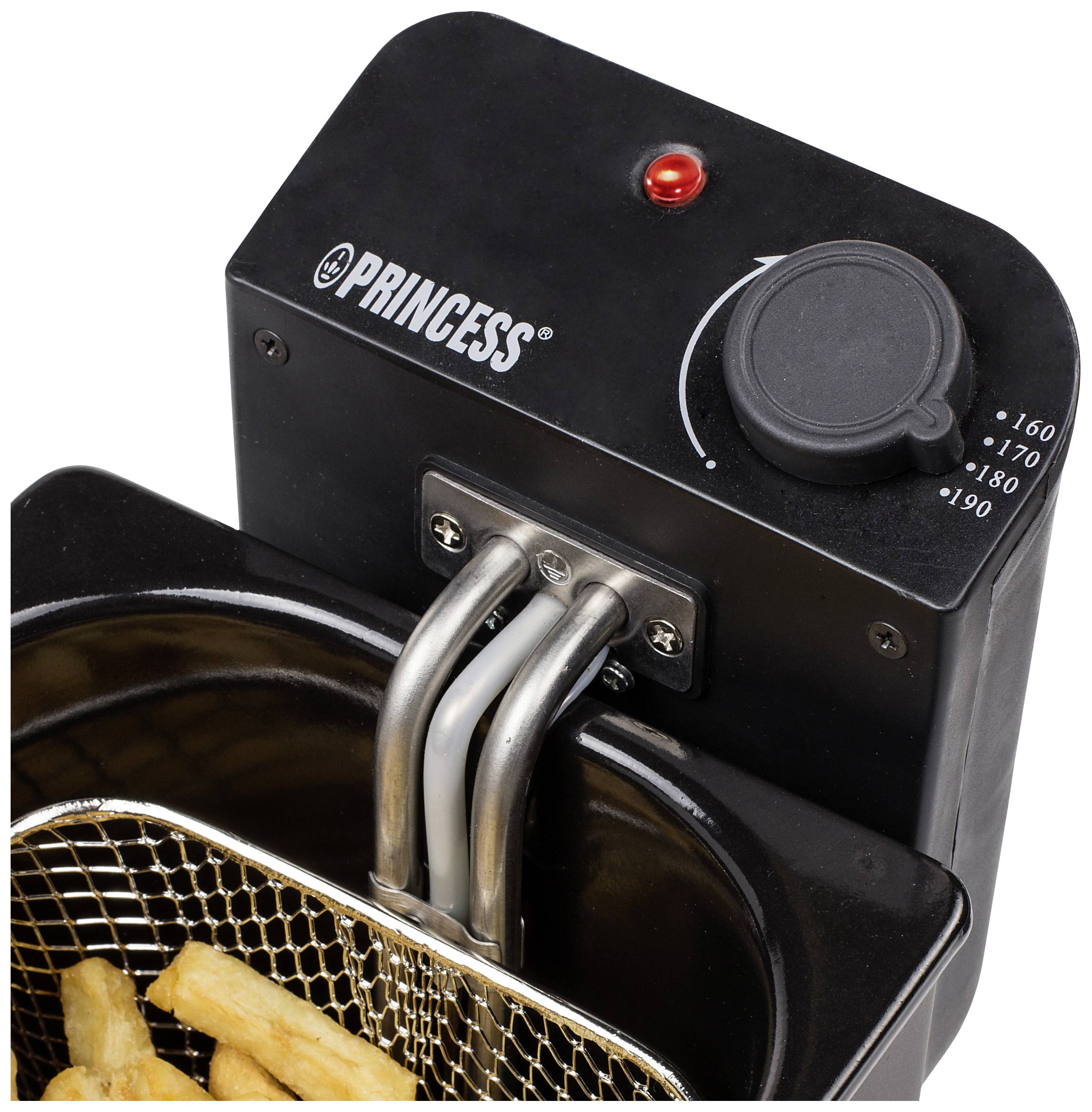 Friteuse avec régulateur de température, le panier à frire est partiellement visible avec des frites. Les niveaux de chauffe sont 160, 170, 180 et 190 degrés.