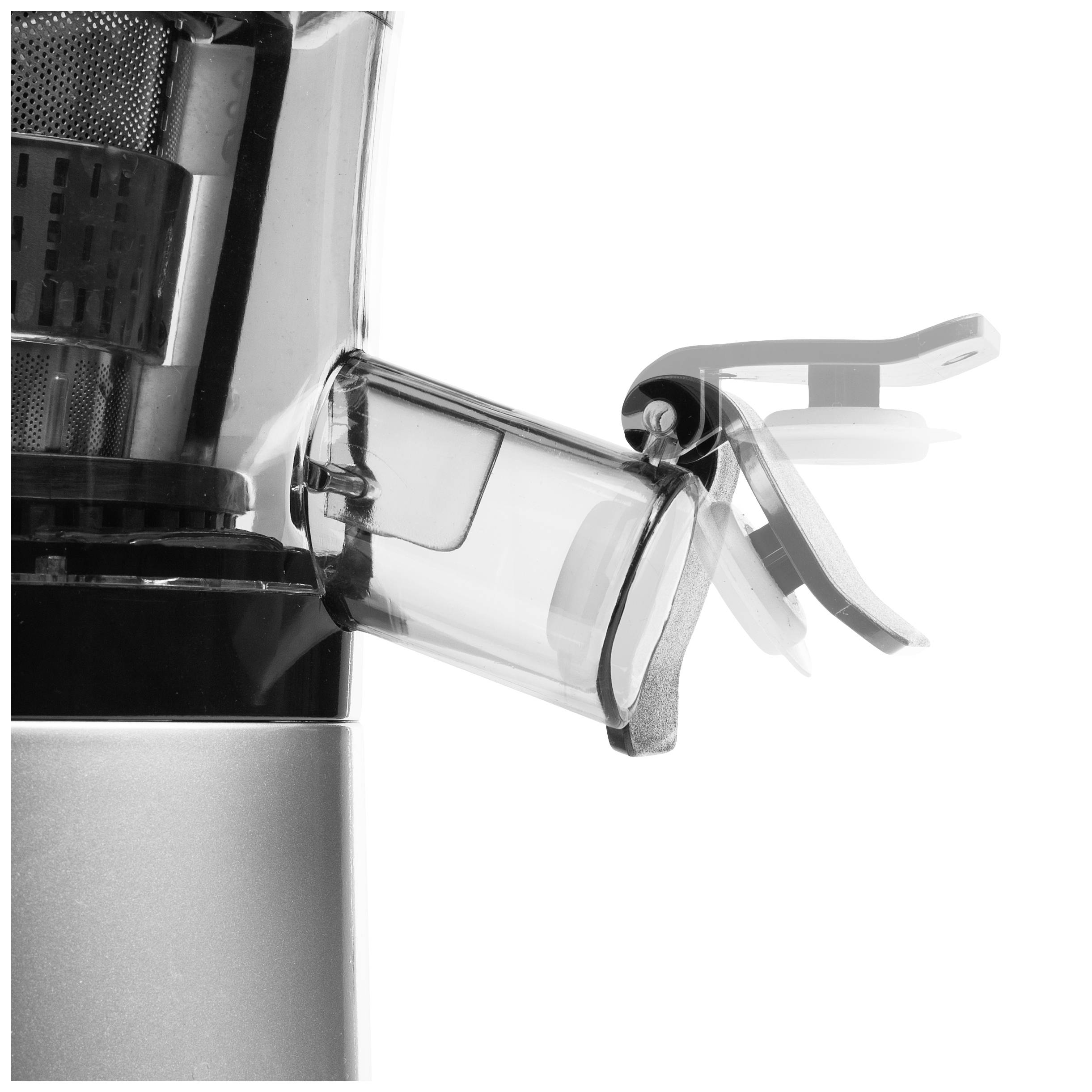 Un extracteur de jus avec un tube de sortie transparent et un couvercle fermé, prêt à préparer du jus. Le corps en métal est visible.