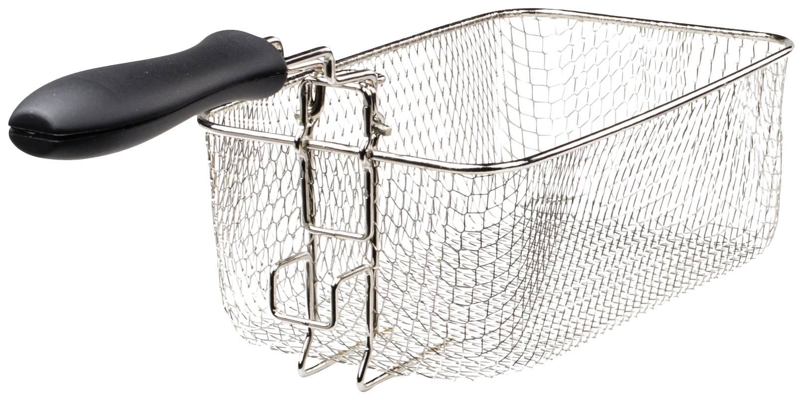 Panier de friture en métal avec poignée noire, de forme rectangulaire.
