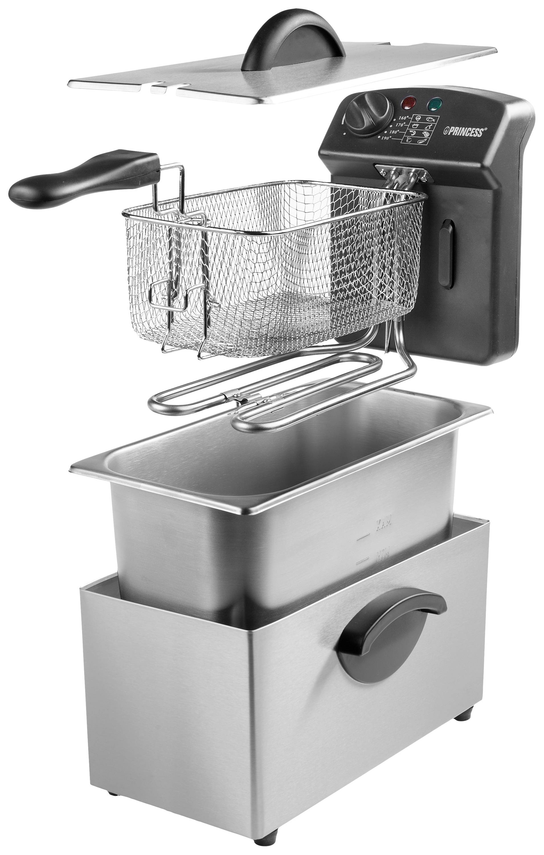 Friteuse avec panier amovible en acier inoxydable, résistance chauffante et couvercle détachable. Comprend des commandes et des voyants lumineux.