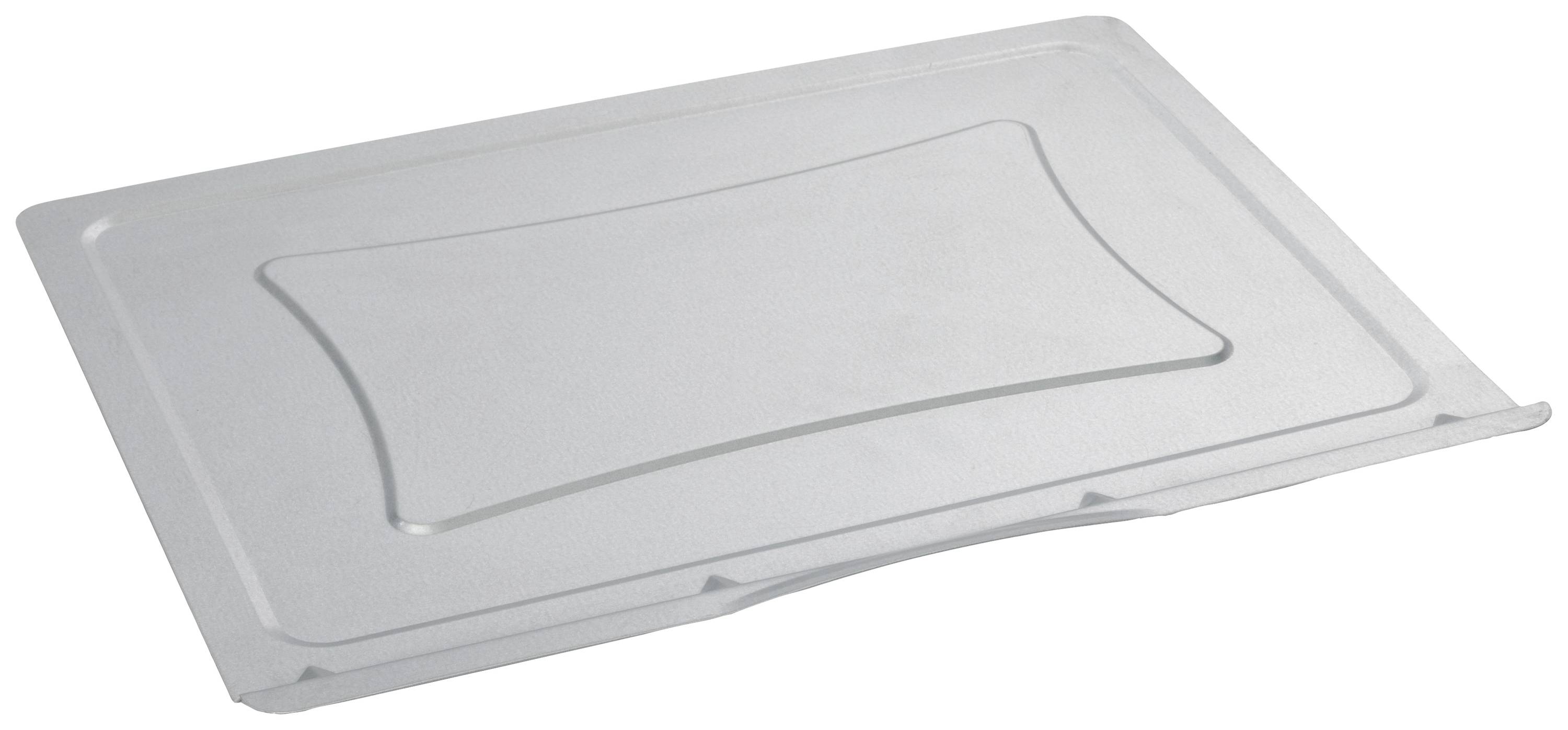 Couvercle de récipient en plastique transparent, de forme rectangulaire, avec un bord légèrement surélevé. Adapté pour les contenants de stockage standardisés.