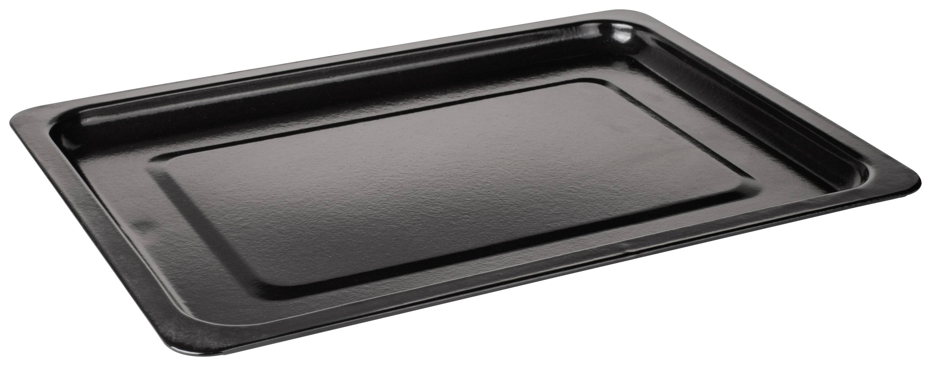 Plaque de cuisson noire, rectangulaire, avec bord surélevé, présentée sur un fond blanc. Adaptée pour une utilisation au four.