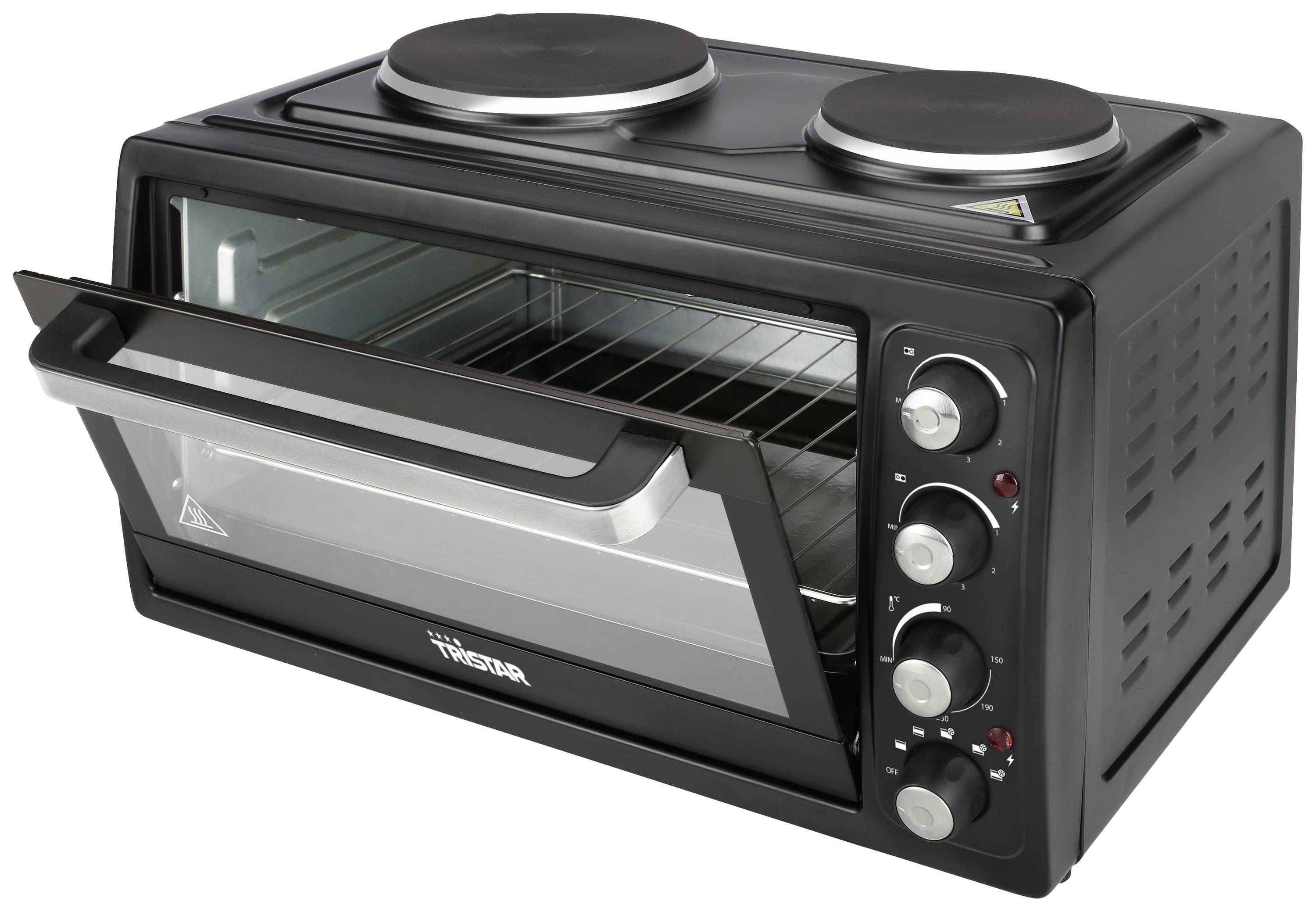 Un four de table noir avec deux plaques de cuisson sur le dessus, une porte en verre et des boutons rotatifs sur le côté.