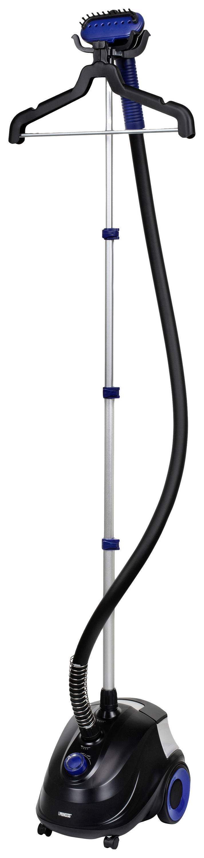 'Fer à repasser vapeur mobile avec support de cintre en haut, avec des accents de couleur noir et bleu, adapté pour repasser les vêtements.'