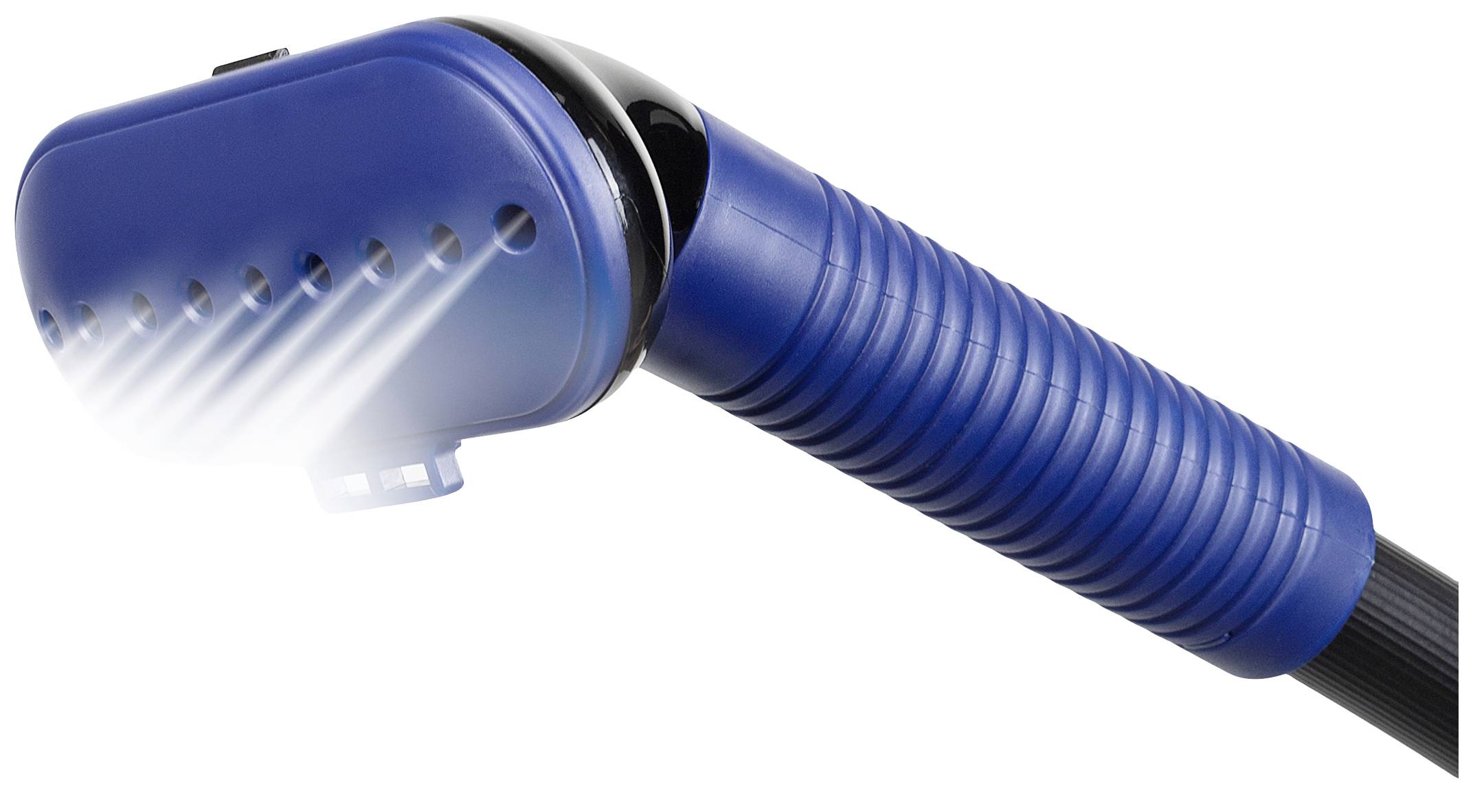 Fer à repasser à vapeur avec une poignée bleue, montrant de la vapeur s'échappant de plusieurs ouvertures à l'avant.