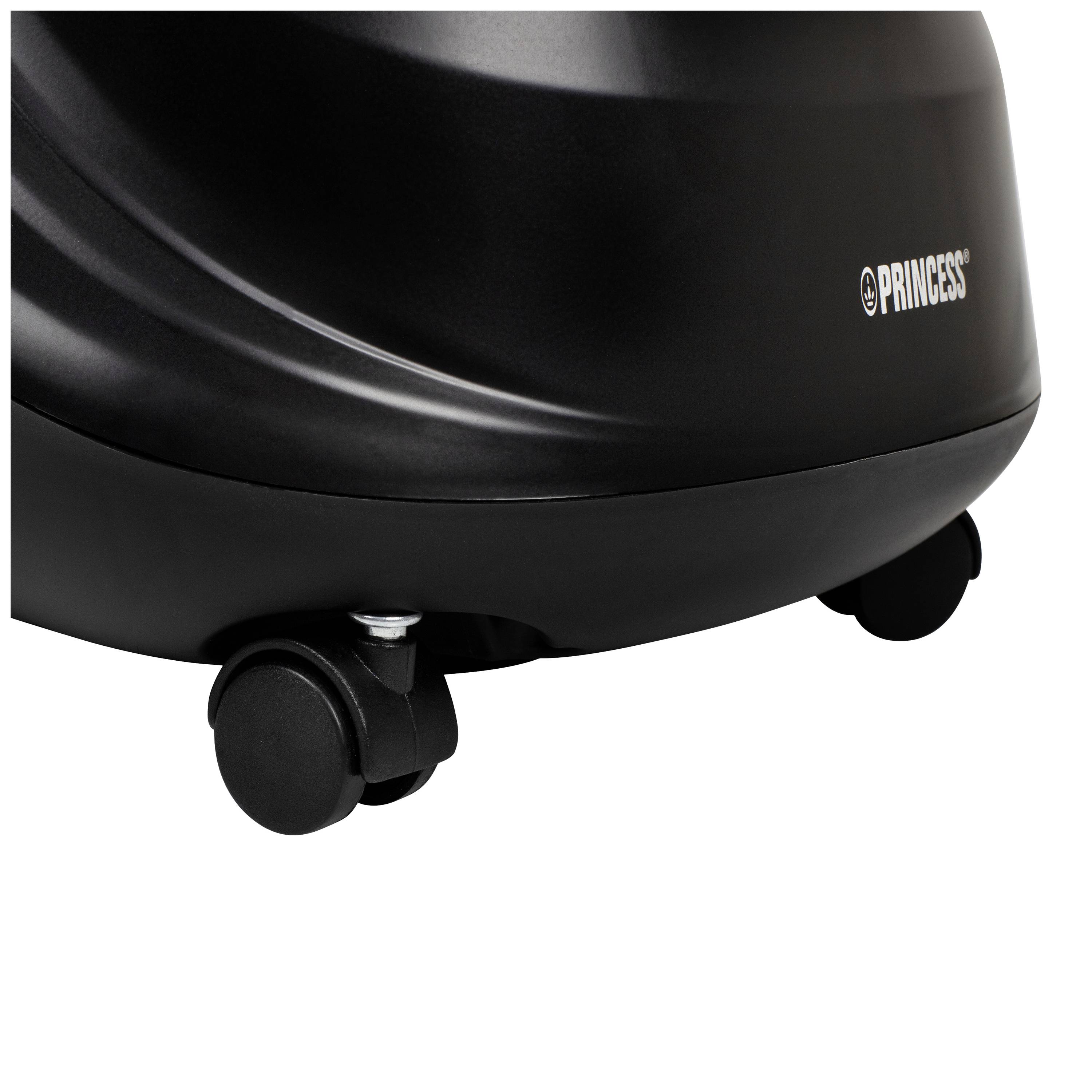 Purificateur d'air noir avec roulettes pour une mobilité facile, portant l'inscription de marque 'Princess' sur le côté.