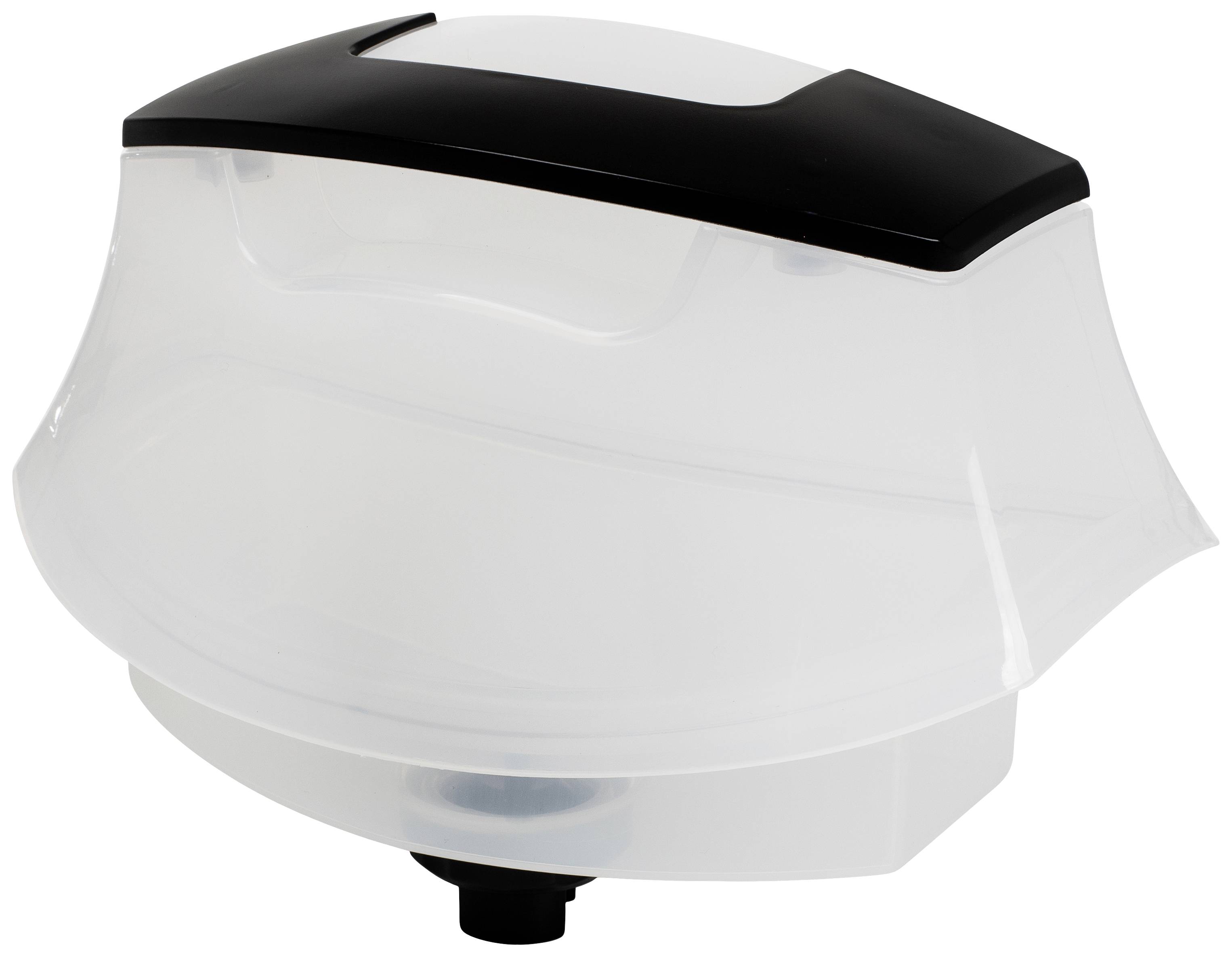 Récipient en plastique transparent avec un couvercle noir, à la forme légèrement bombée. Adapté au stockage ou à la protection de son contenu.