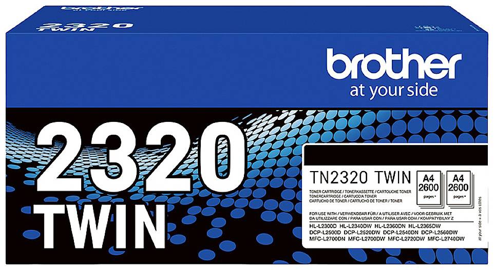Emballage d'une cartouche de toner Brother TN2320 Twin, compatible avec HL-2340DW, HL-L2360DN. Un pack pour 2600 pages par cartouche.